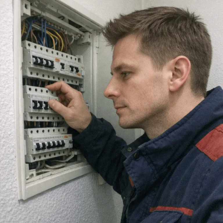Elektriker am geöffneten Sicherungskasten bei der Fehlersuche